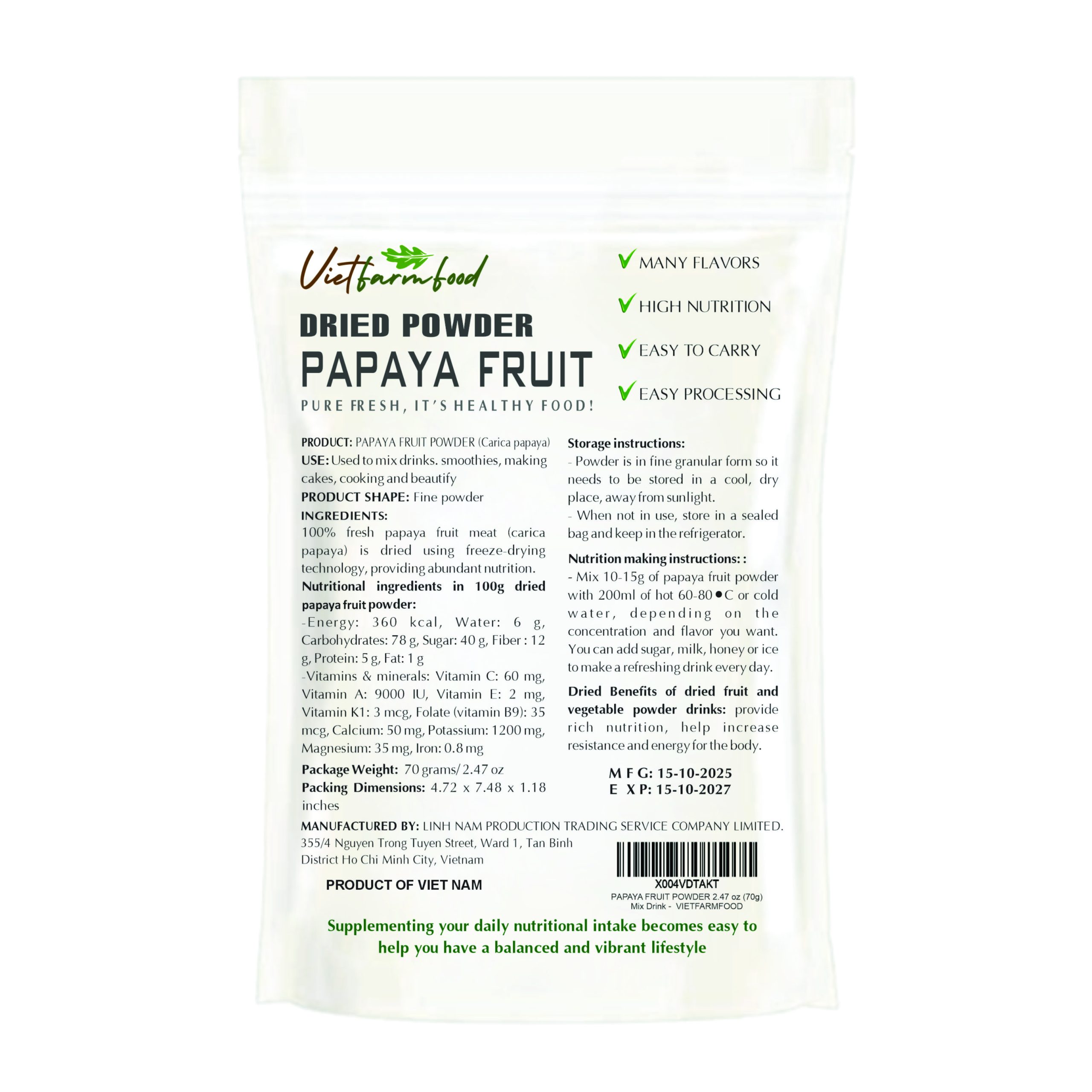 PAPAYA FRUIT POWDER 2.47 oz (70g) VIETFARMFOOD: Pure freeze-dried fruit powder, made from real fruit with no added sugar - Perfect for daily nutrition to keep your body full of vitality.