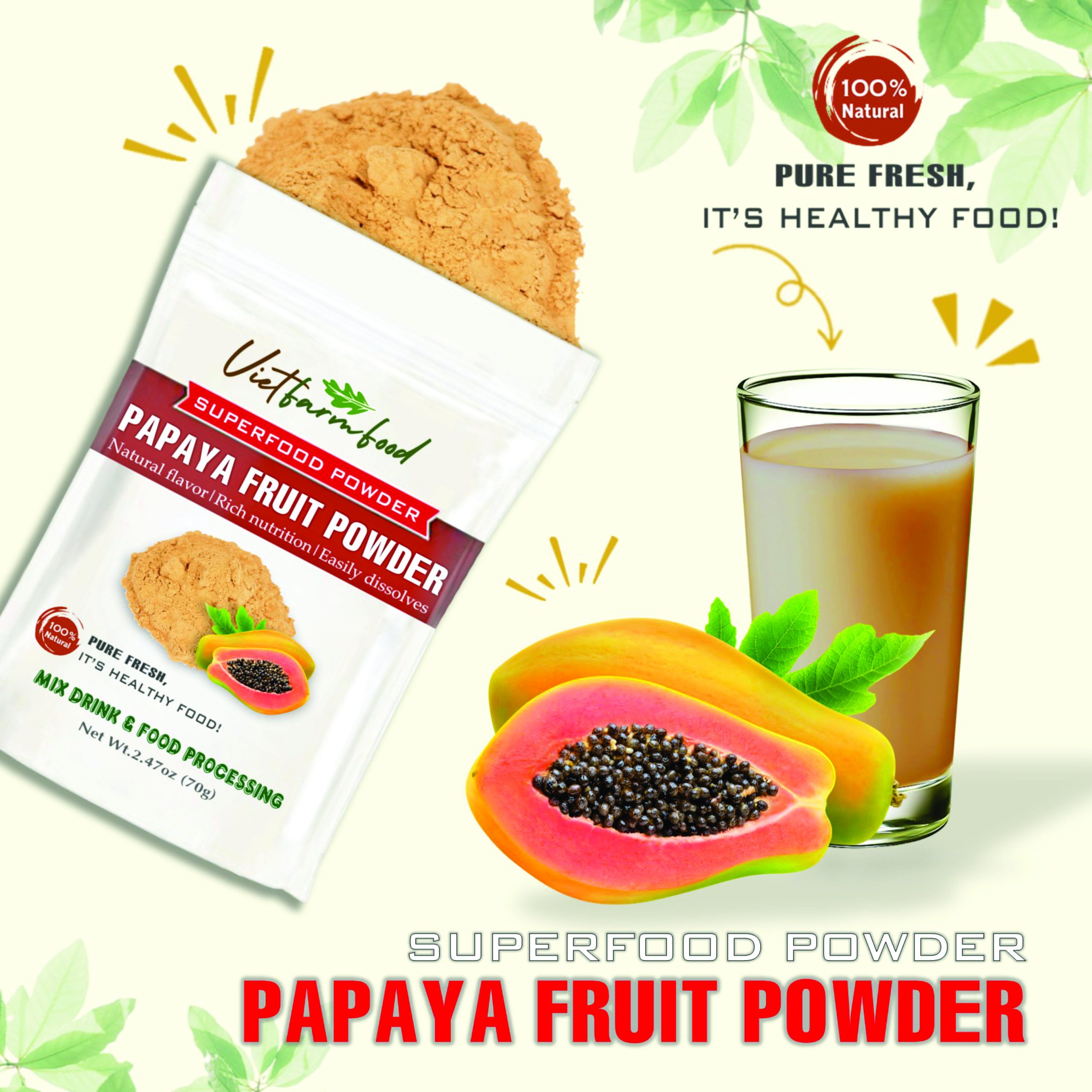 PAPAYA FRUIT POWDER 2.47 oz (70g) VIETFARMFOOD: Pure freeze-dried fruit powder, made from real fruit with no added sugar - Perfect for daily nutrition to keep your body full of vitality.