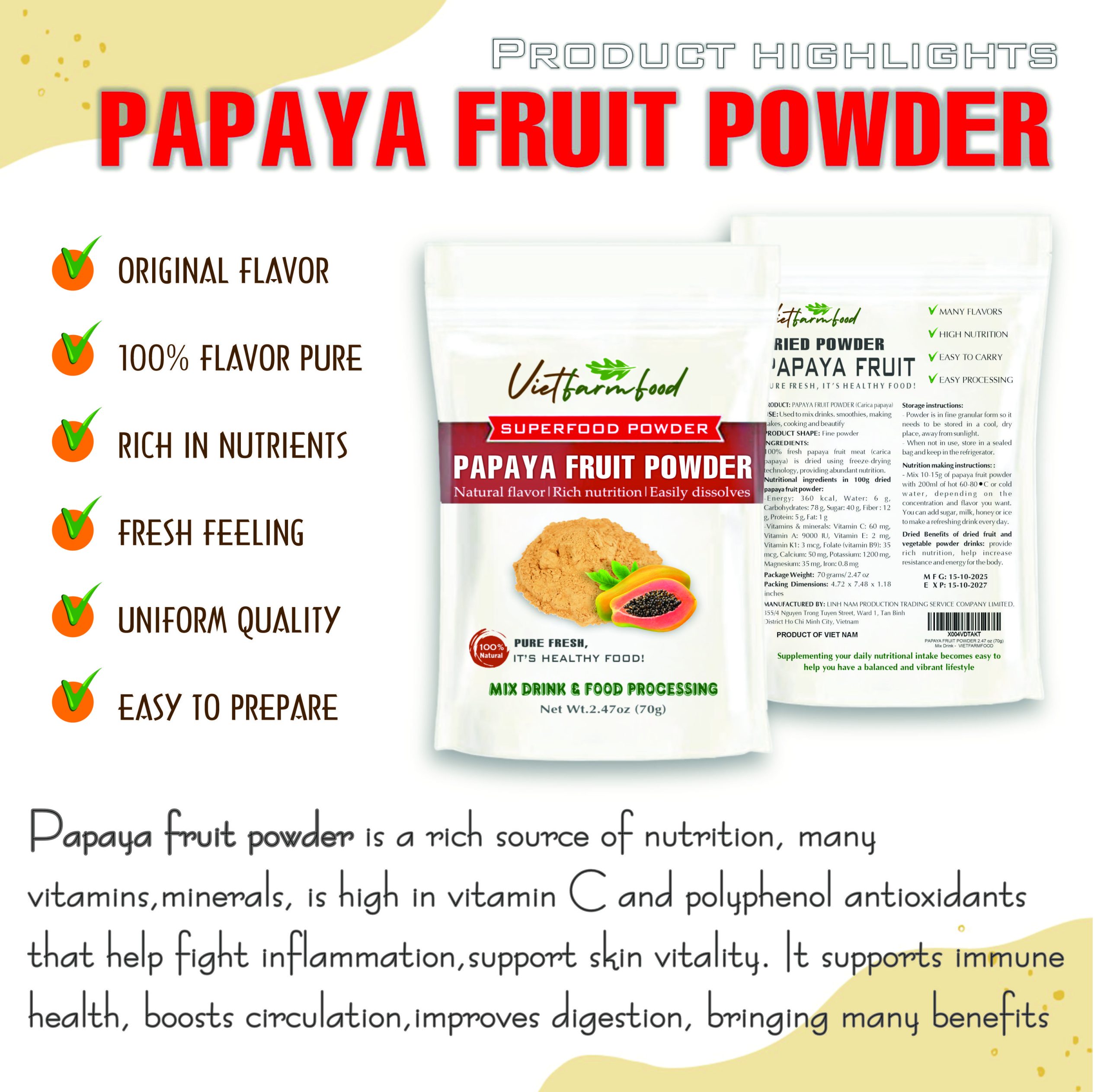PAPAYA FRUIT POWDER 2.47 oz (70g) VIETFARMFOOD: Pure freeze-dried fruit powder, made from real fruit with no added sugar - Perfect for daily nutrition to keep your body full of vitality.