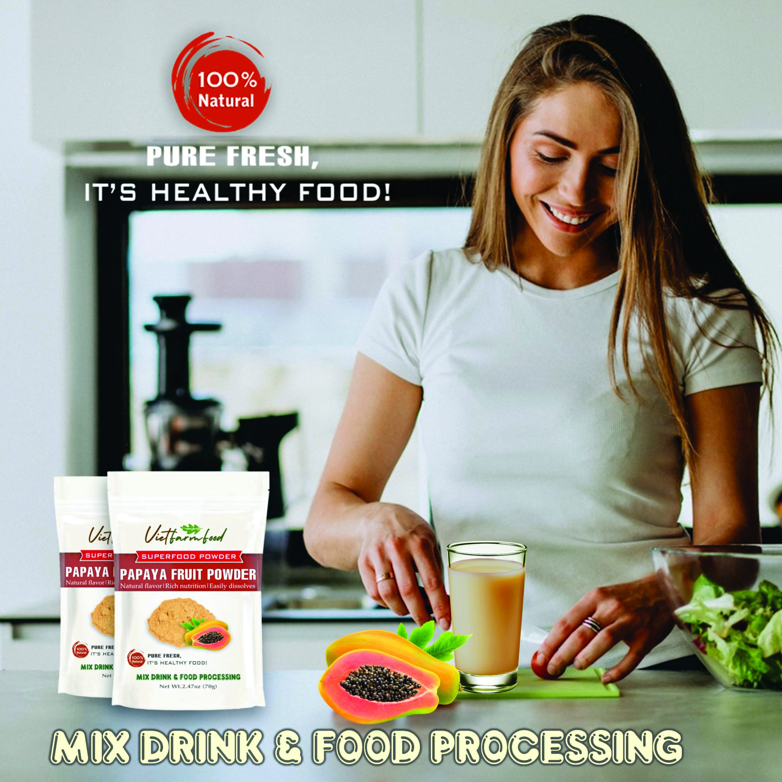 PAPAYA FRUIT POWDER 2.47 oz (70g) VIETFARMFOOD: Pure freeze-dried fruit powder, made from real fruit with no added sugar - Perfect for daily nutrition to keep your body full of vitality.