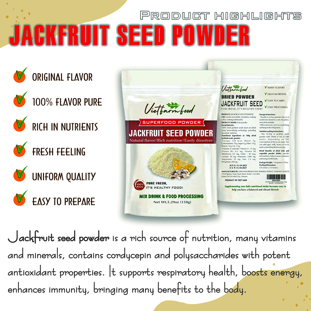 JACKFRUIT SEED POWDER 5.29 Oz (150g) VIETFARMFOOD: Pure freeze-dried fruit powder, made from real fruit with no added sugar - Perfect for daily nutrition to keep your body full of vitality.