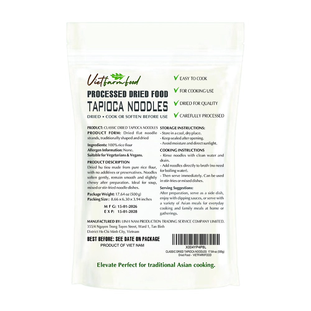 CLASSIC DRIED TAPIOCA NOODLES VIETFARMFOOD - Traditional Dried Vietnamese Flat Noodles - Soft and Slightly Chewy Texture