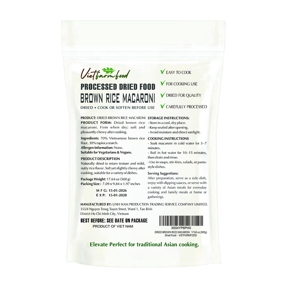 DRIED BROWN RICE MACARONI VIETFARMFOOD - Traditional Dried Vietnamese Whole-Grain Pasta - Soft and Pleasantly Chewy Texture