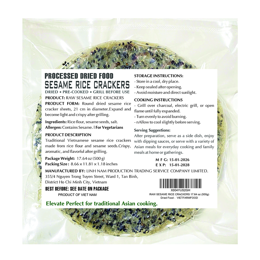 RAW SESAME RICE CRACKERS VIETFARMFOOD - Traditional Aromatic Vietnamese Crackers - Grill Before Use for Crispy Texture