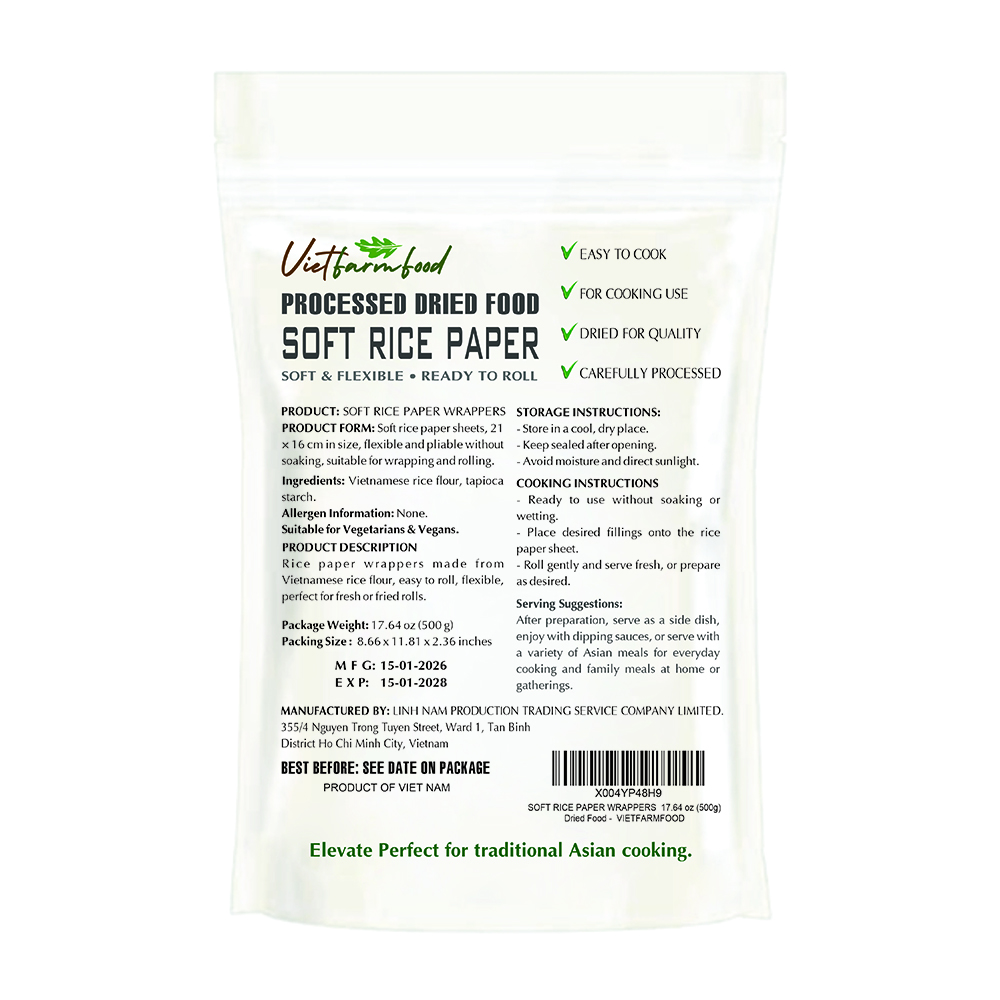 SOFT RICE PAPER WRAPPERS VIETFARMFOOD - Traditional Rice Sheets for Summer Rolls and Spring Rolls - Square Shape