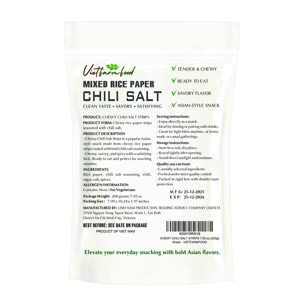 CHEWY CHILI SALT STRIPS VIETFARMFOOD: Savory & Spicy – Ready to Enjoy, Gourmet Snack for Parties and Daily Enjoyment