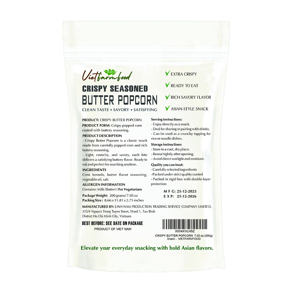 CRISPY BUTTER POPCORN VIETFARMFOOD: Savory & Crunchy – Ready to Enjoy, Great for Snacking, Toppings or Gifting