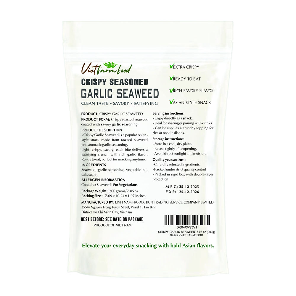 CRISPY GARLIC SEAWEED VIETFARMFOOD: Savory & Crunchy – Ready to Enjoy, Gourmet Snack for Parties and Daily Enjoyment