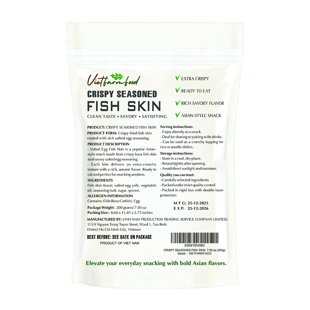 CRISPY SEASONED FISH SKIN VIETFARMFOOD: Savory & Crunchy – Ready to Enjoy, Gourmet Snack for Parties and Daily Enjoyment