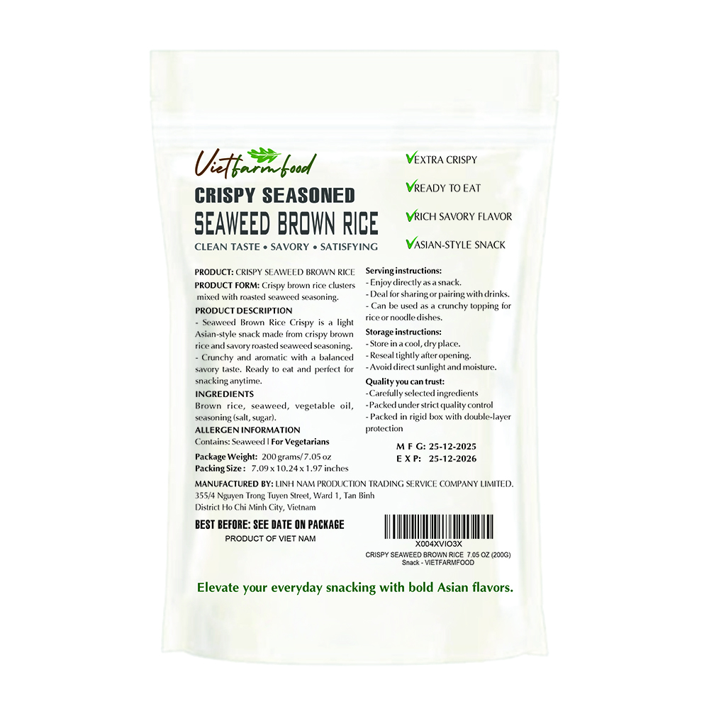 CRISPY SEAWEED BROWN RICE VIETFARMFOOD: Savory & Crunchy – Ready to Enjoy, Gourmet Snack for Parties and Daily Enjoyment