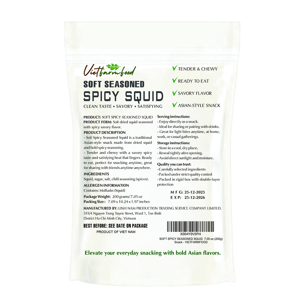 SOFT SPICY SEASONED SQUID VIETFARMFOOD: Savory & Spicy – Ready to Enjoy, Gourmet Snack for Parties and Daily Enjoyment
