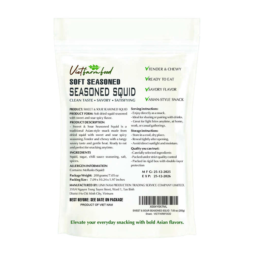 SWEET & SOUR SEASONED SQUID VIETFARMFOOD: Savory & Tangy – Ready to Enjoy, Gourmet Snack for Parties and Daily Enjoyment