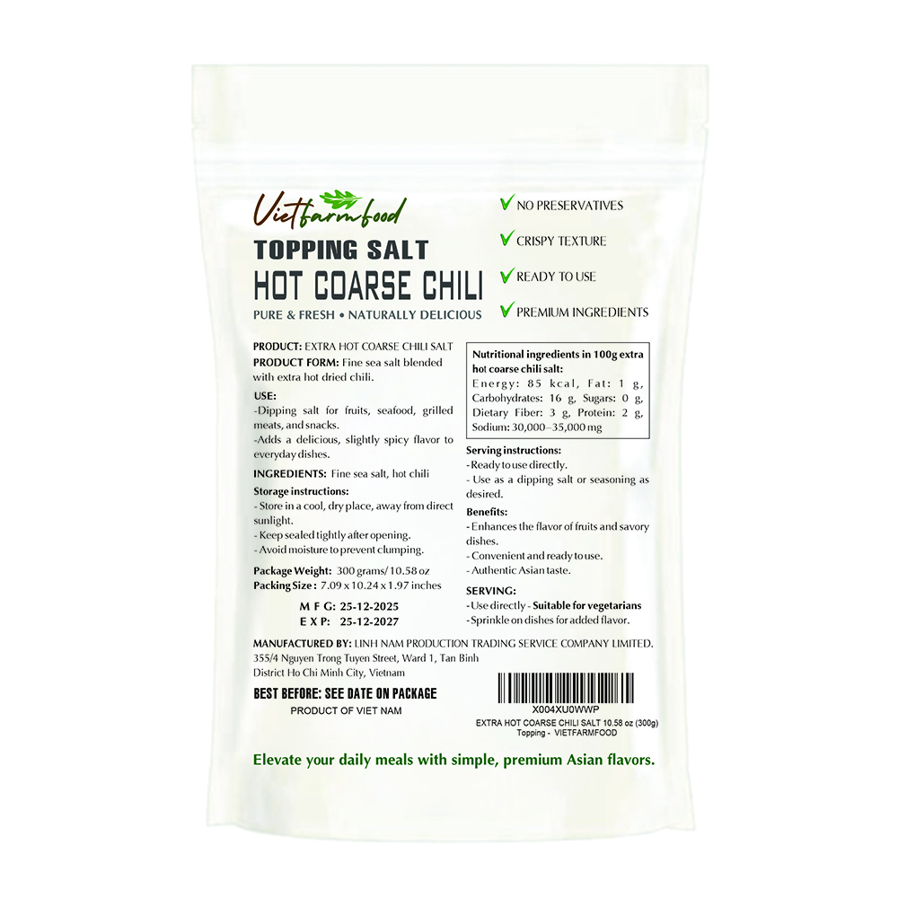 EXTRA HOT COARSE CHILI SALT VIETFARMFOOD: Savory & Spicy – Ready to Enjoy, Gourmet Topping for Fruits, Seasoning, and Seafood