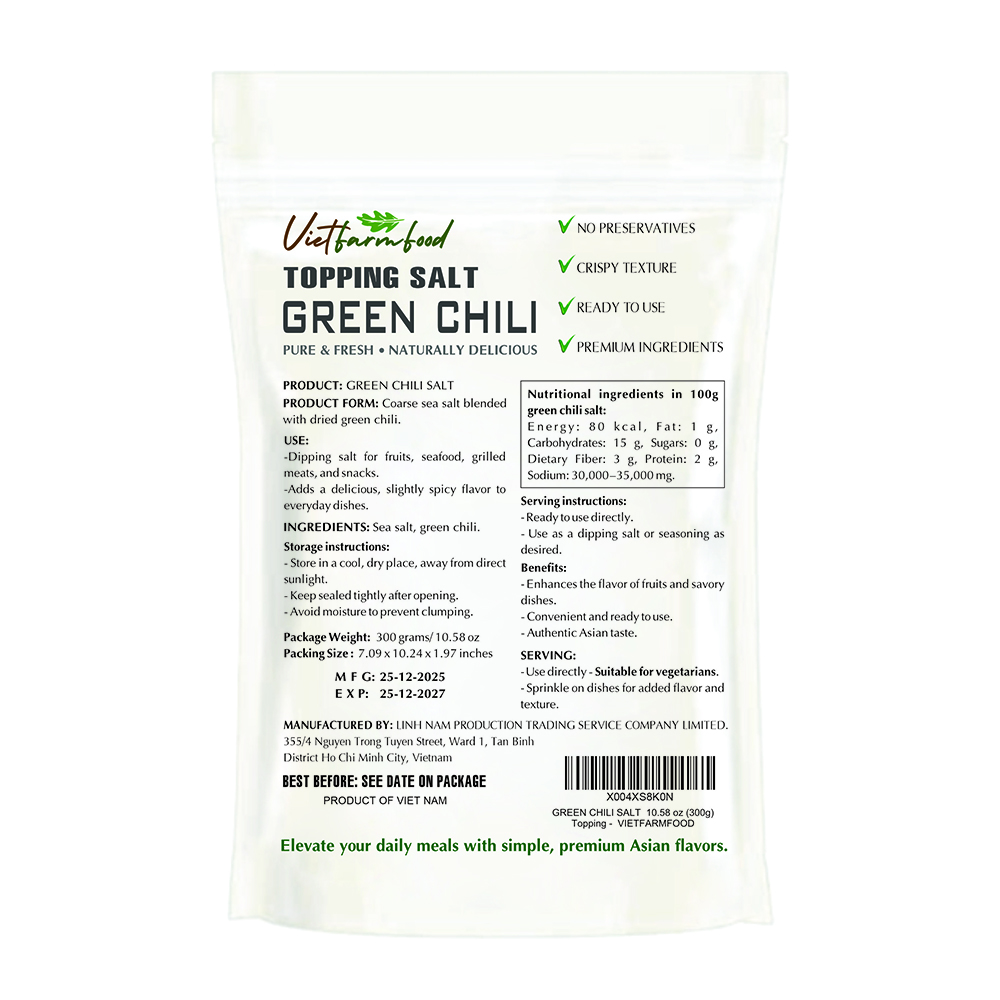 GREEN CHILI SALT VIETFARMFOOD: Savory & Spicy – Ready to Enjoy, Great for Toppings, Snacking or Gifting
