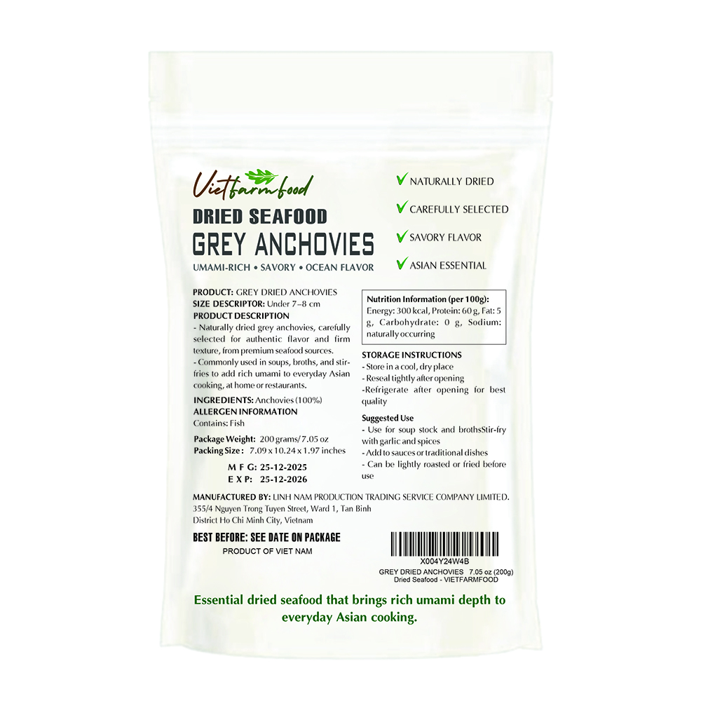 GREY DRIED ANCHOVIES VIETFARMFOOD: Savory & Versatile – Ideal for Cooking, Frying, or Relish