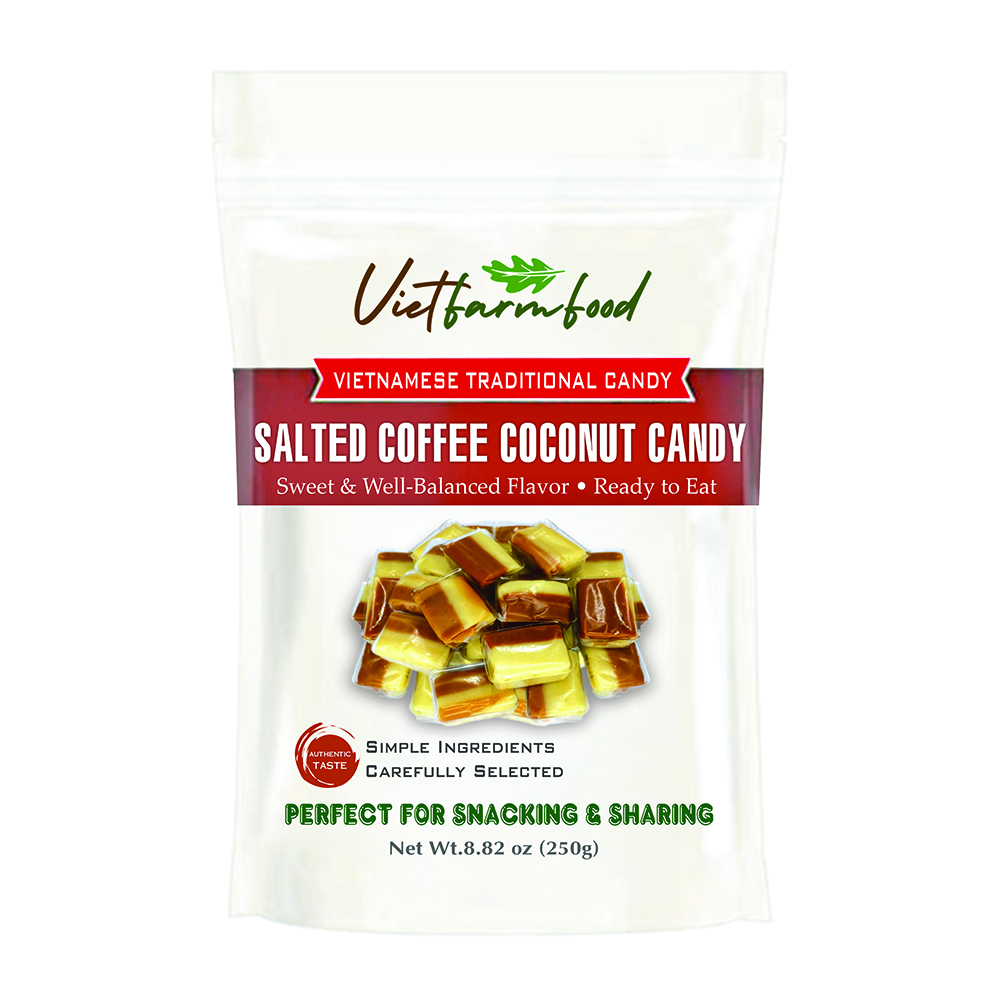 COFFEE COCONUT CANDY 8.82 Oz (250g) VIETFARMFOOD - Soft Chewy Asian Snack, Naturally Fragrant, Made in Vietnam