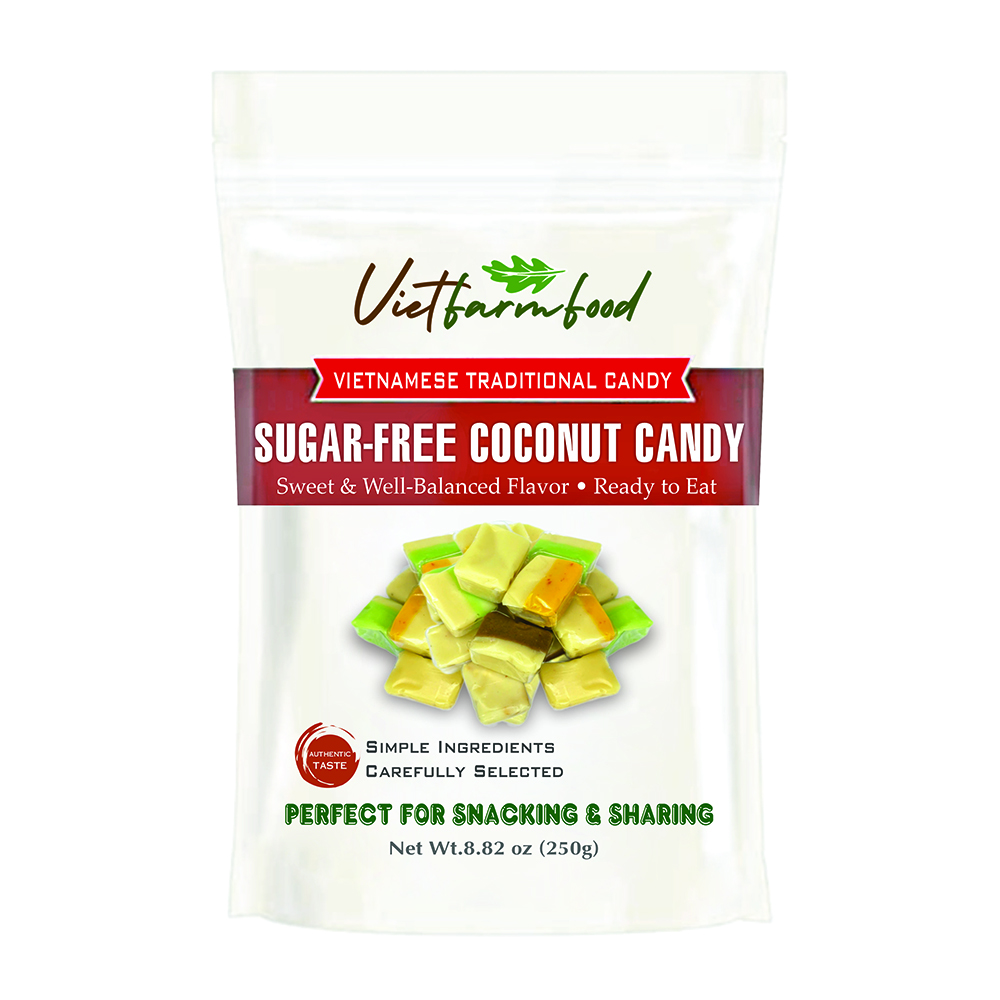 SUGAR-FREE COCONUT CANDY 8.82 Oz (250g) VIETFARMFOOD - Soft Chewy Asian Snack, Naturally Fragrant, Made in Vietnam