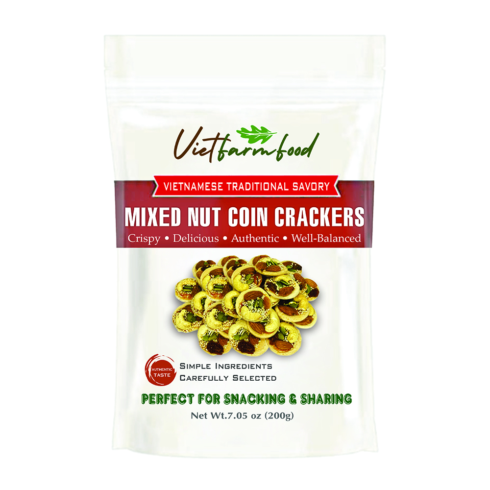 MIXED NUT COIN CRACKERS 7.05 oz (200g) VIETFARMFOOD: Savory & Crunchy – Ready to Enjoy, Gourmet Snack for Parties and Daily Enjoyment