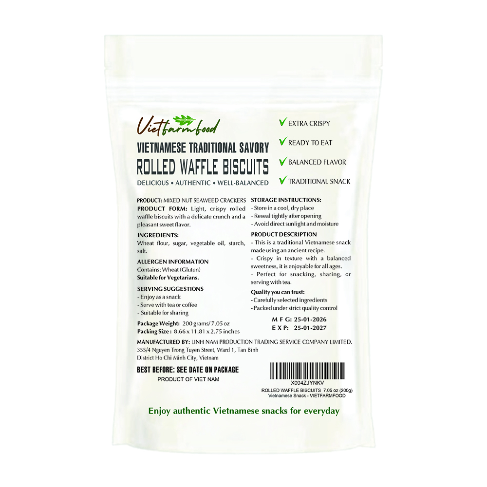 ROLLED WAFFLE BISCUITS 7.05 oz (200g) VIETFARMFOOD: Savory & Crunchy – Ready to Enjoy, Gourmet Snack for Parties and Daily Enjoyment