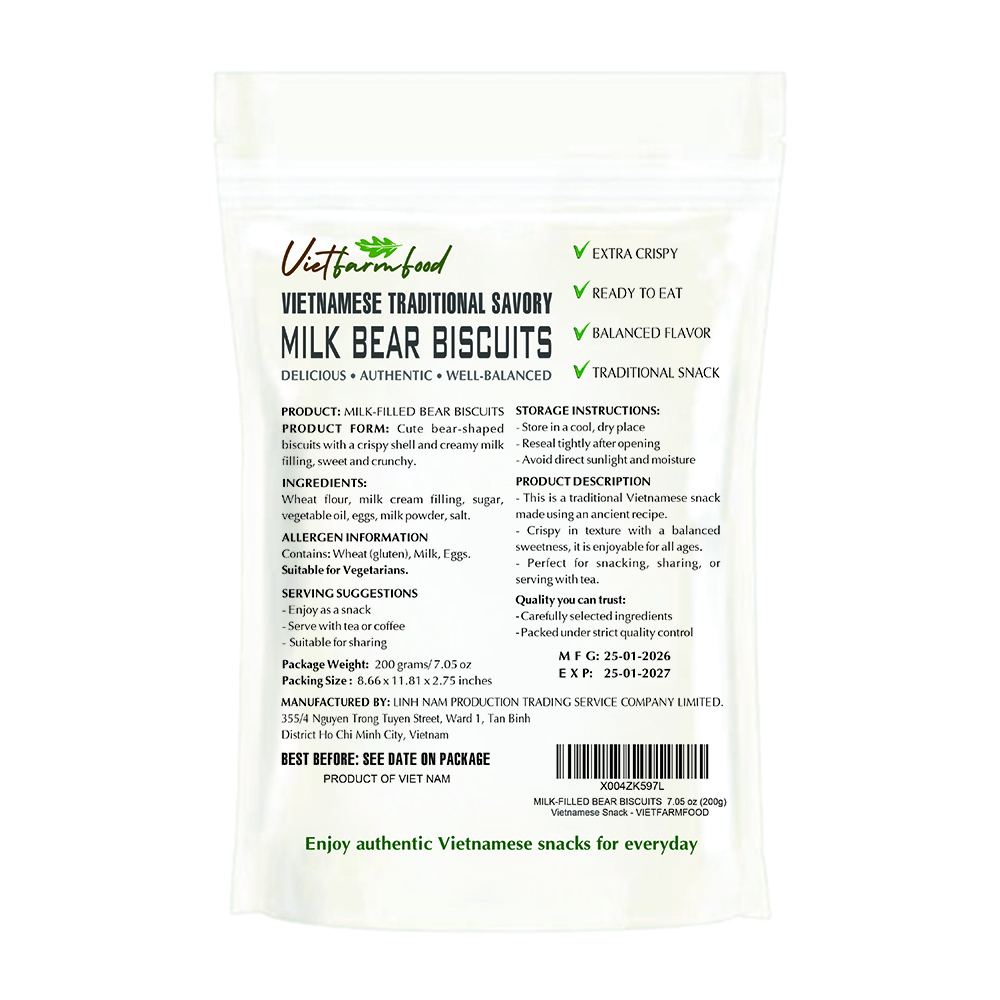 MILK-FILLED BEAR BISCUITS 7.05 oz (200g) VIETFARMFOOD: Savory & Crunchy – Ready to Enjoy, Gourmet Snack for Parties and Daily Enjoyment