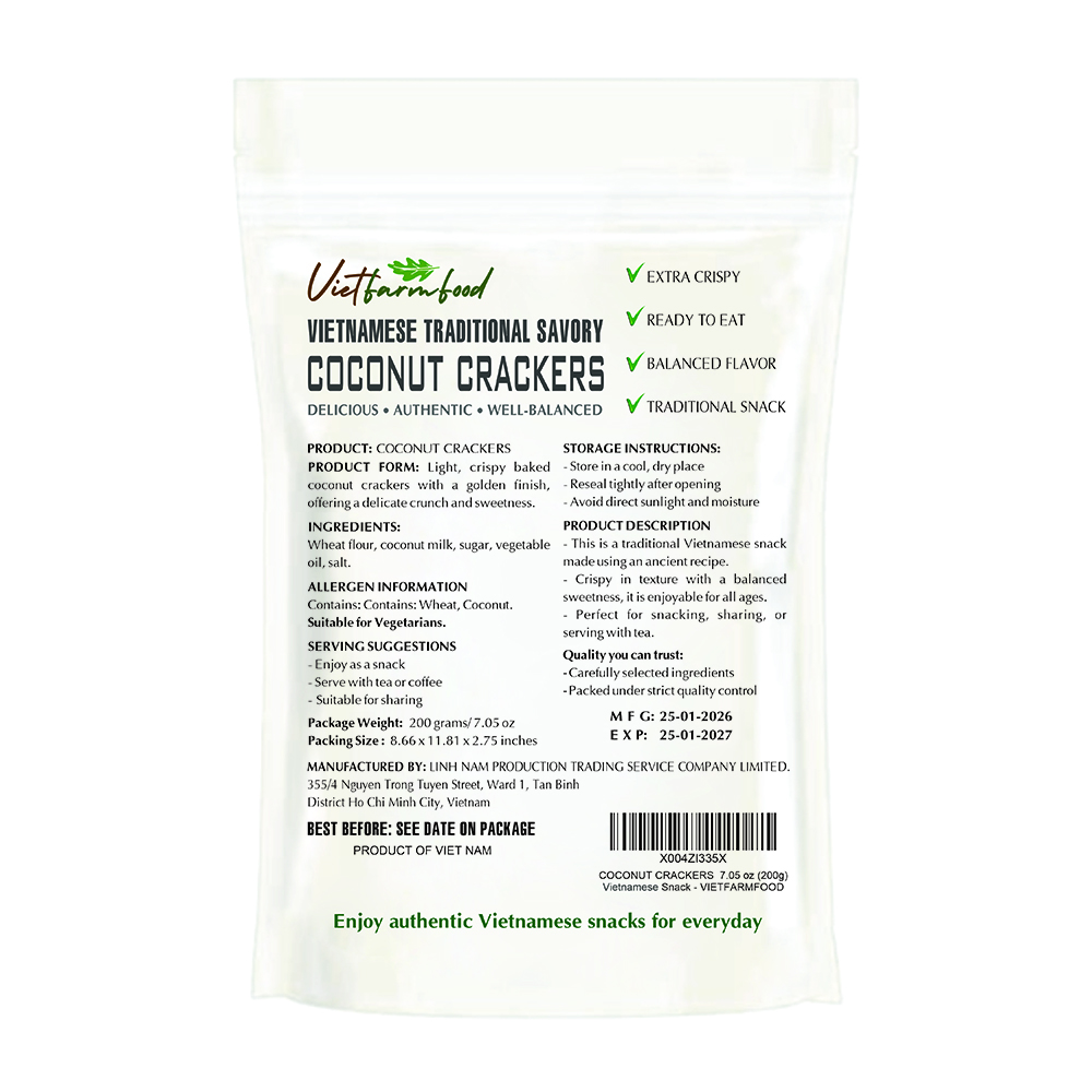 COCONUT CRACKERS 7.05 oz (200g) VIETFARMFOOD: Savory & Crunchy – Ready to Enjoy, Gourmet Snack for Parties and Daily Enjoyment