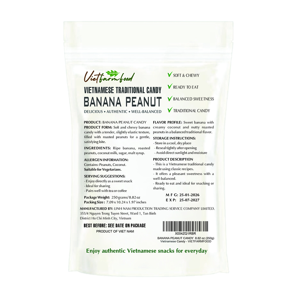 BANANA PEANUT CANDY 8.82 Oz (250g) VIETFARMFOOD - Soft Chewy Asian Snack, Naturally Fragrant, Made in Vietnam