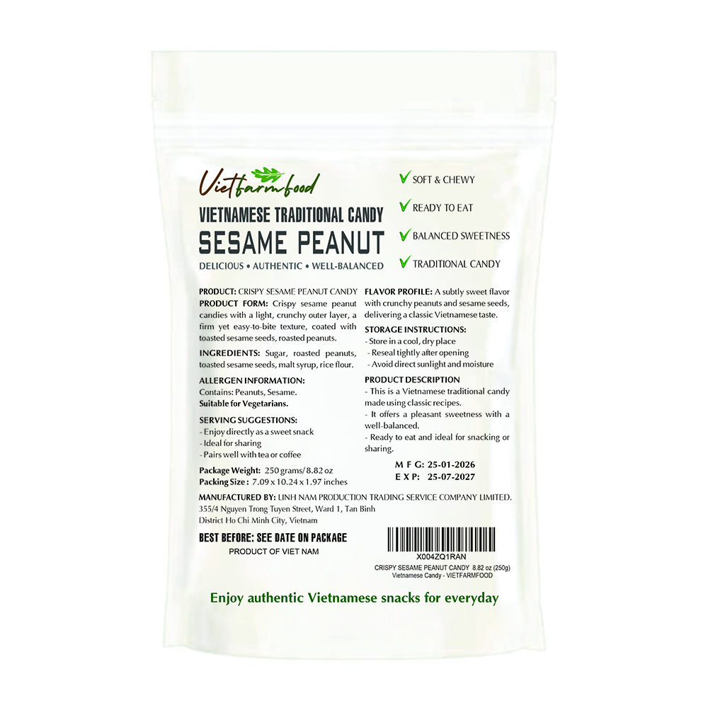 CRISPY SESAME PEANUT CANDY 8.82 Oz (250g) VIETFARMFOOD - Crunchy Asian Snack, Naturally Fragrant, Made in Vietnam