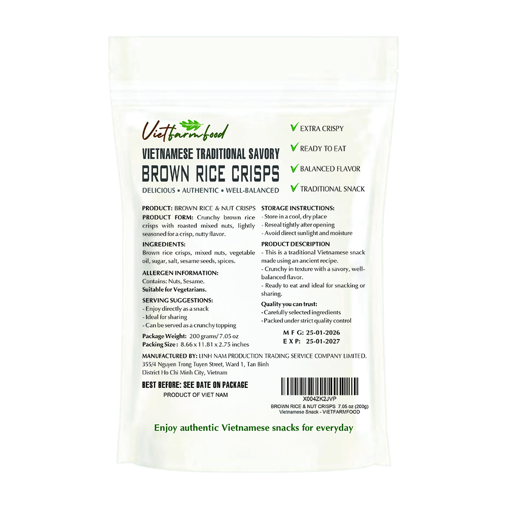 BROWN RICE & CRISPS 7.05 oz (200g) VIETFARMFOOD: Savory & Crunchy – Ready to Enjoy, Gourmet Snack for Parties and Daily Enjoyment