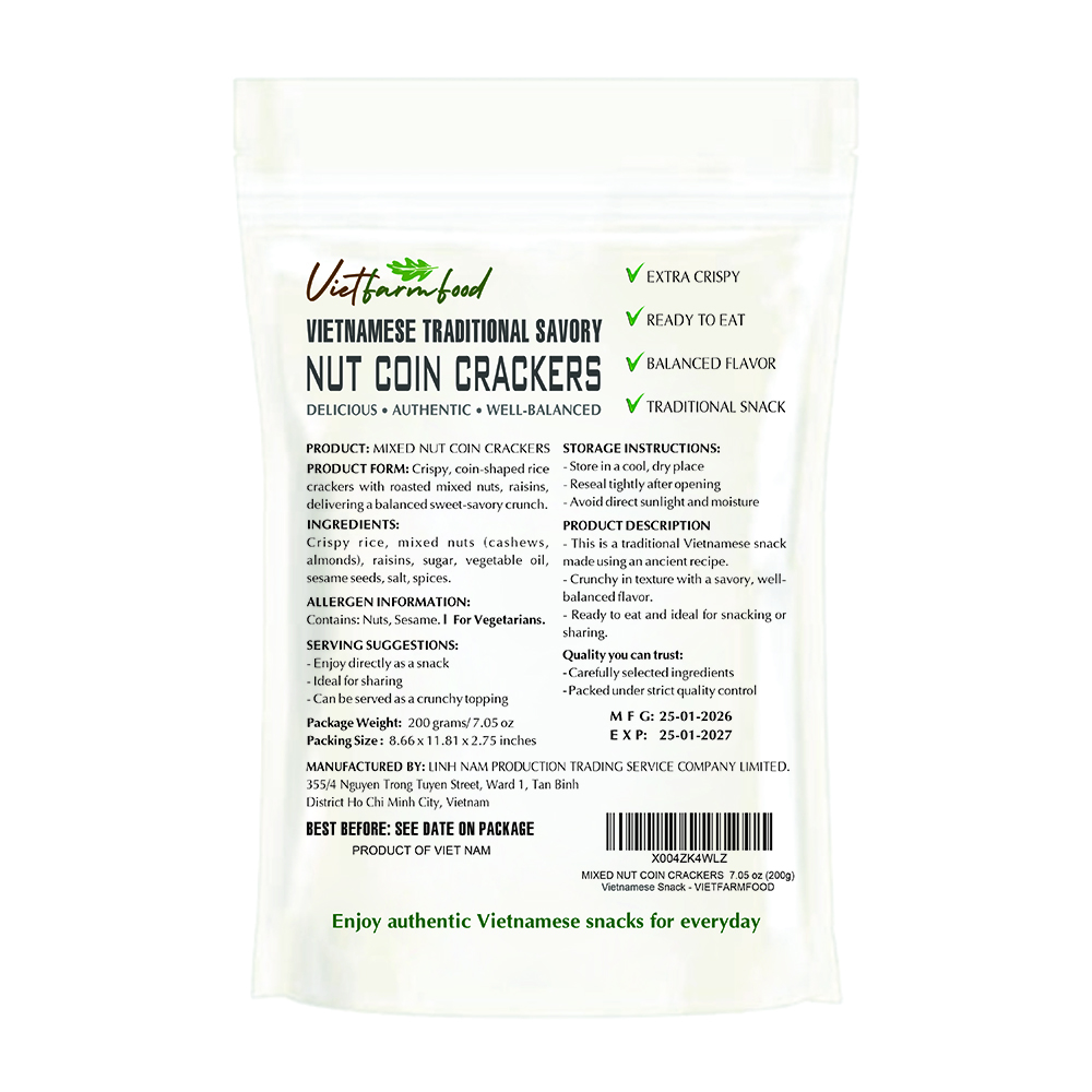 MIXED NUT COIN CRACKERS 7.05 oz (200g) VIETFARMFOOD: Savory & Crunchy – Ready to Enjoy, Gourmet Snack for Parties and Daily Enjoyment