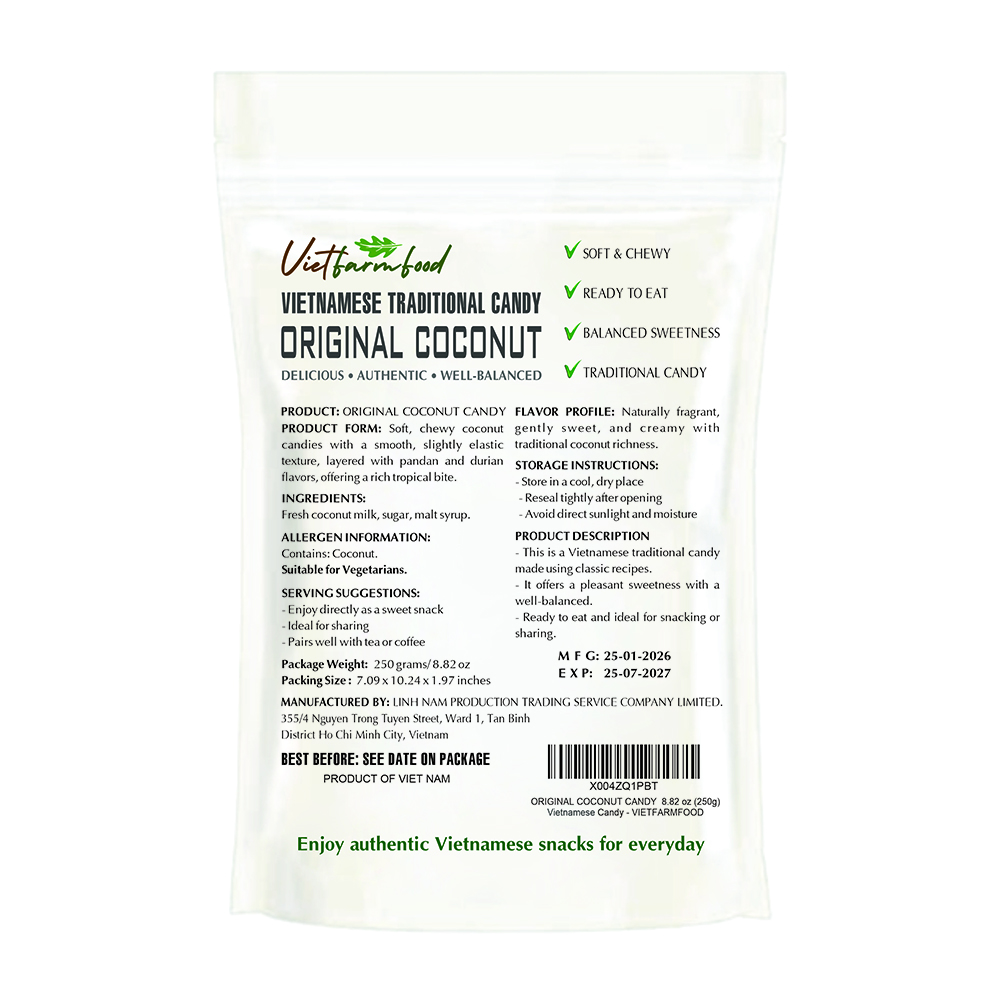 ORIGINAL COCONUT CANDY  8.82 Oz (250g) VIETFARMFOOD  - Soft Chewy Asian Snack, Naturally Fragrant, Made in Vietnam