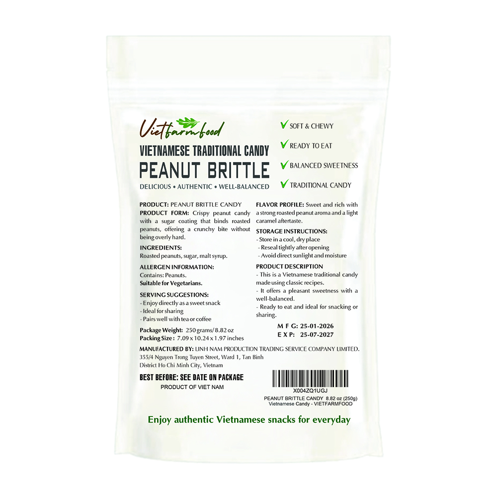 PEANUT BRITTLE CANDY 8.82 Oz (250g) VIETFARMFOOD - Crunchy Asian Snack, Naturally Fragrant, Made in Vietnam
