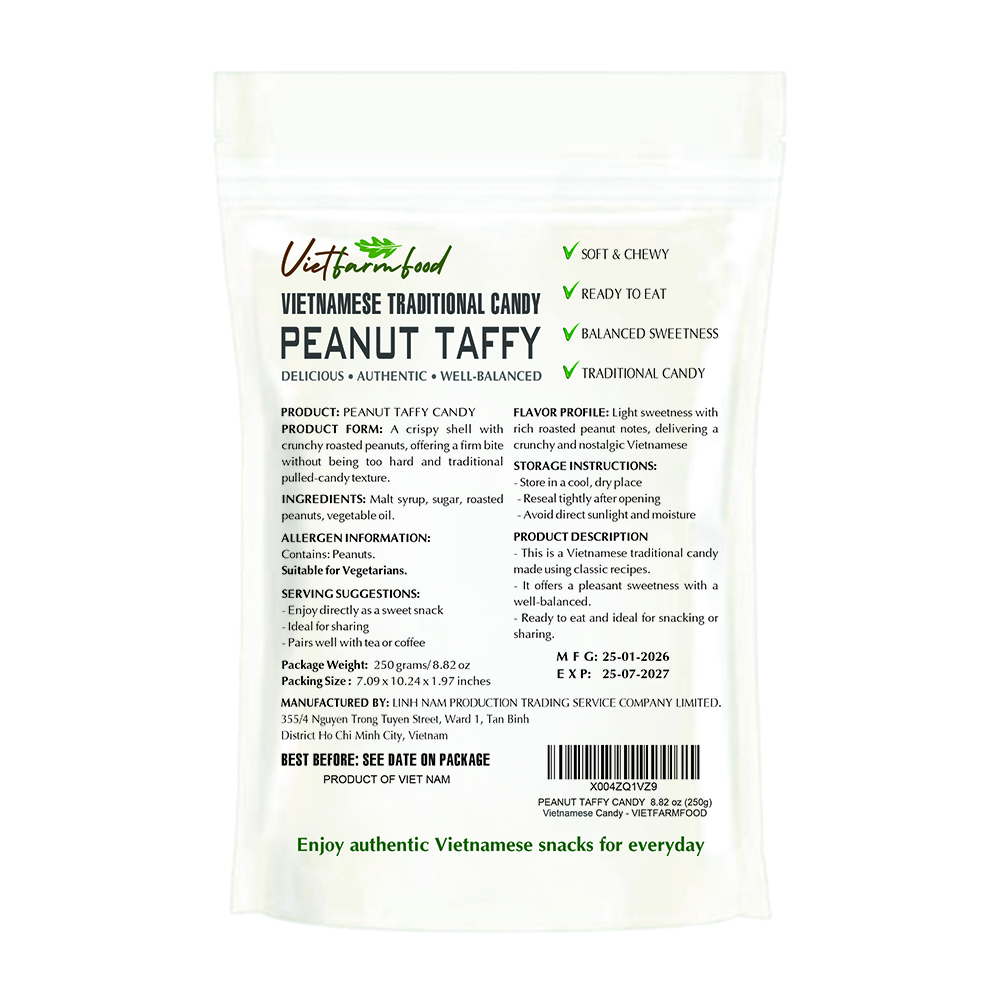PEANUT TAFFY CANDY 8.82 Oz (250g) VIETFARMFOOD - Soft Chewy Asian Snack, Naturally Fragrant, Made in Vietnam