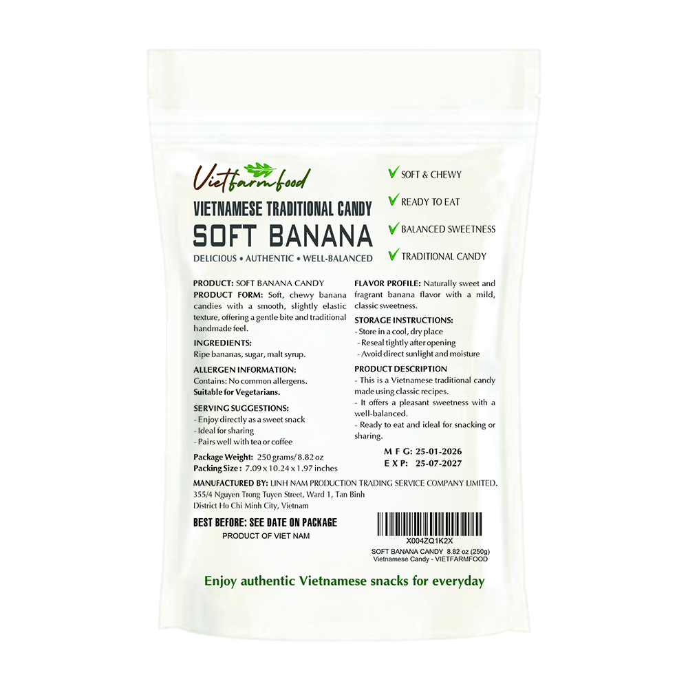 SOFT BANANA CANDY 8.82 Oz (250g) VIETFARMFOOD - Soft Chewy Asian Snack, Naturally Fragrant, Made in Vietnam