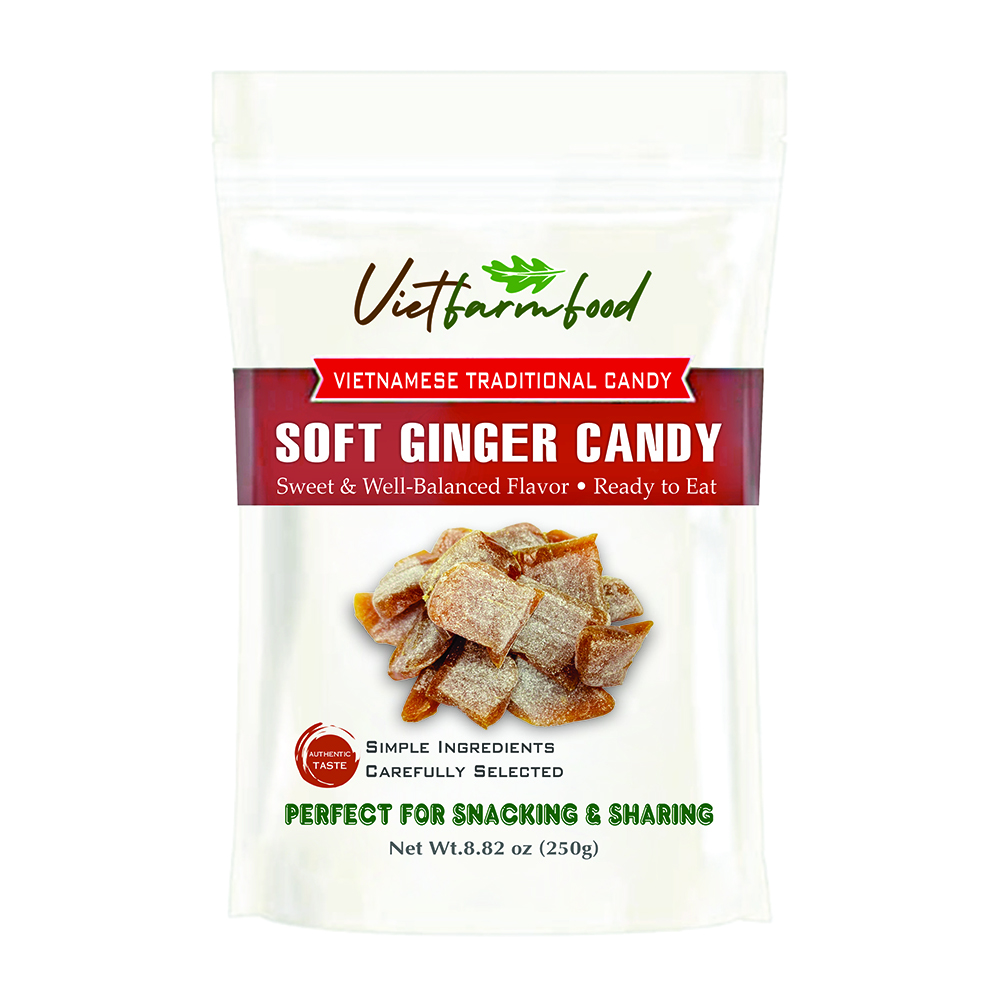 SOFT GINGER CANDY 8.82 Oz (250g) VIETFARMFOOD - Soft Chewy Asian Snack, Naturally Fragrant, Made in Vietnam