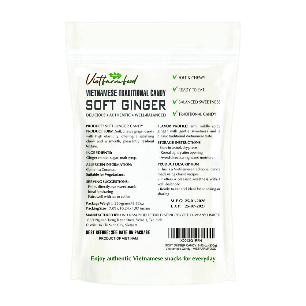 SOFT GINGER CANDY 8.82 Oz (250g) VIETFARMFOOD - Soft Chewy Asian Snack, Naturally Fragrant, Made in Vietnam