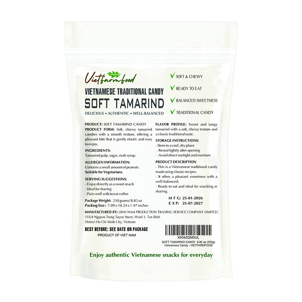 SOFT TAMARIND CANDY 8.82 Oz (250g) VIETFARMFOOD - Soft Chewy Asian Snack, Naturally Fragrant, Made in Vietnam