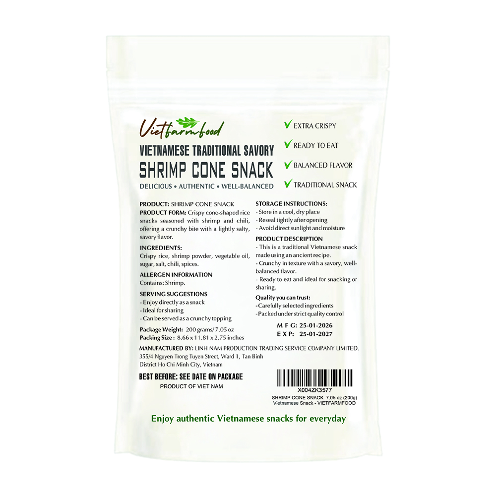 SHRIMP CONE SNACK 7.05 oz (200g) VIETFARMFOOD: Extra Crispy & Savory – Ready to Enjoy, Gourmet Snack for Parties and Daily Enjoyment